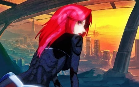 mecha girl - anime, sunset, girl, mecha