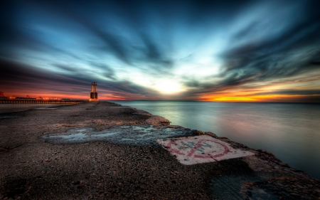 Lighthouse Sunset - nature, sky, lighthouse, clouds, sunset, sea