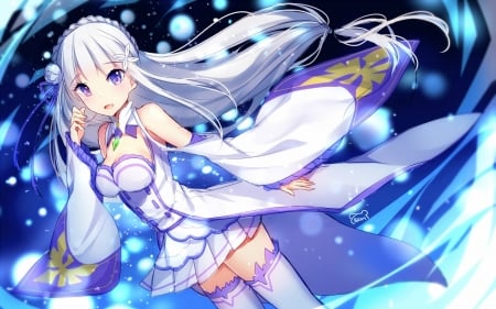 Emilia - emilia, hair, magic, anime, anime girl, dress