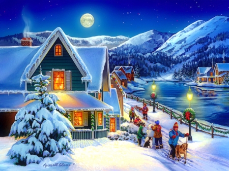 Christmas joy - new year, fun, cottage, joy, countryside, mountains, painting, art, pretty, children, cold, artwork, river, holiday, moonlight, moon, ice, houses, lake, fence, mountain, winter, kids, christmas, fir, village, frost, snow, beautiful