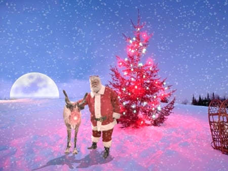 Merry Christmas! - moon, blue, pink, tree, christmas, santa, fantasy, craciun, reindeer, luna