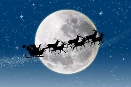 Merry Christmas! - black, sleigh, silhouette, craciun, reindeer, luna, christmas, blue, white, fantasy, santa, moon