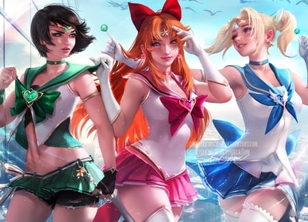 Powerpuff sailors - anime, blue, venus, mars, blonde, sakimichan, mercury, sailor moon, manga, fantasy, red, green, art, luminos