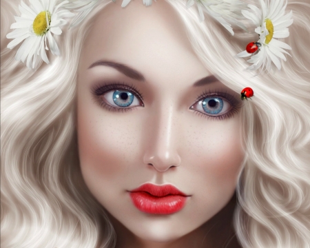 Ladybugs - beauty, woman, lips, girl, daisy, fantasy, face, ladybug, luminos, red, shinyshadowsart, flower, blonde