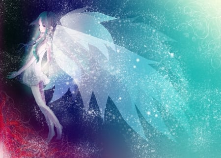 Angel - anime, blue, girl, angel, song of saya, manga, fantasy, white, wings, luminos