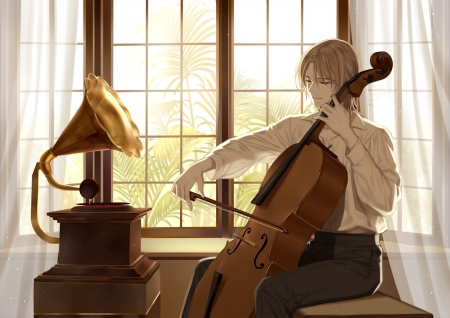 Playing the contrabass - patefon, instrument, anime, manga, contrabass, brown, guy, srb7606, man