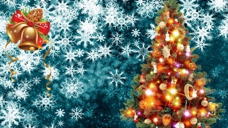 Christmas card - abstract, snowflake, bell, tree