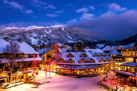 Whistler, Canada - winter, lights, snow, mountains, houses