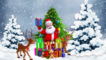 Santa and His Reindeer - winter, gifts, Santa Claus, snow, presents, toys, happy, tree, Feliz Navidad, Firefox Persona theme, Christmas, reindeer