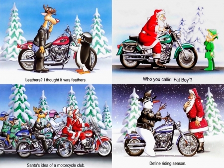 Santa and Harley - reindeer, snow, christmas, trees, rudolph, harley davidson, collage, santa