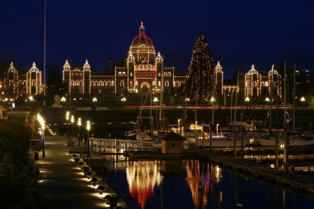 Christmas Lights Reflection - reflection, harbour, water, night, christmas, lights