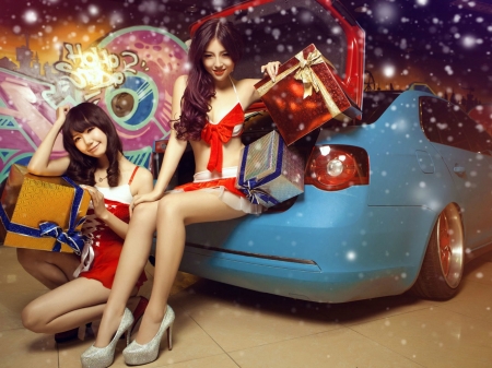 Happy X-Mas - models, babes, blue car, gifts