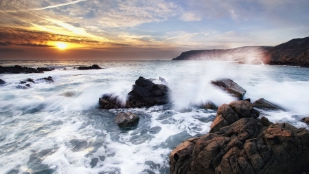 crashing waves - fun, nature, ocean, beach, cool, sunset