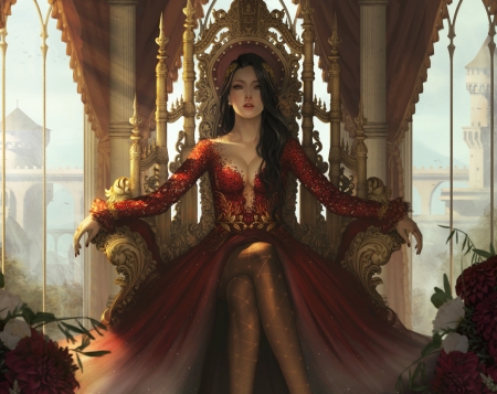 Throne - woman, windows, female, hall, black hair, fantasy, golden, kingdom, fantasy woman, cute, lady, throne, long hair, abstract, red, beautiful, dress