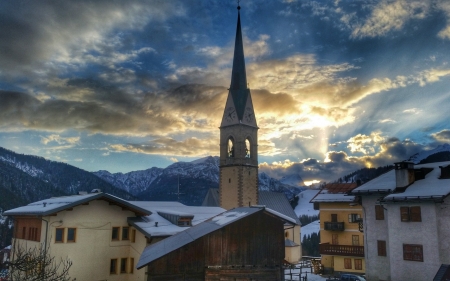 Church in Village - village, houses, church, clouds