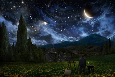 artist's view - space, cool, field, fun, moon, stars