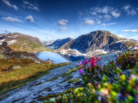 Awesome Spring Landscape - clouds, snow, landscape, slope, spring, flowers, nature, lake, mountains