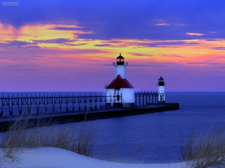 Lighthouse Sunset - nature, sky, ocean, lighthouse, clouds, sunset, sea