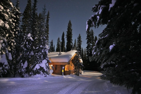 Winter Cabin - Winter, Snow, Cabin, Night