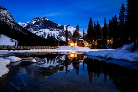 Mountain Lodge in Winter - Lodge, Night, Mountain, Pristine, Winter, Lake