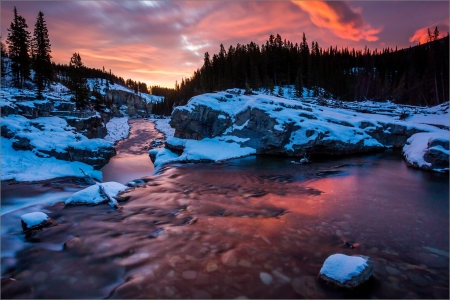 Mountain River Sunset - Snow, Sunset, River, Mountain, Sky