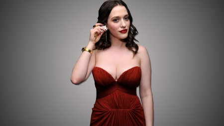 Kat Dennings - actress, gradient, red dress, kat dennings, brunette