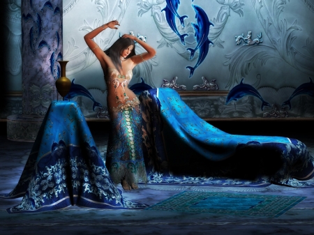 Belly Dance - fantasy, girl, fishes, dance, background