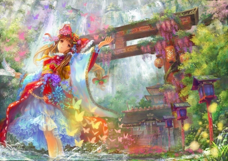 Touhou - colorful, nature, touhou, waterfall, butterflies