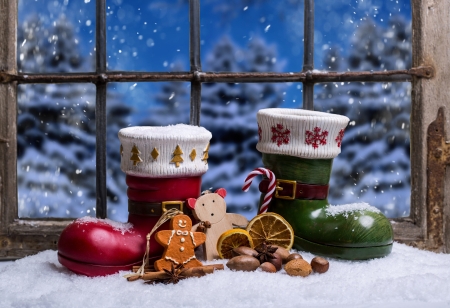 Merry Christmas! - sweets, craciun, winter, boots, cookies, deco, christmas, white, gingerbread, window, red, green