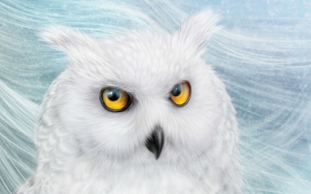 Snowy owl - eyes, winter, fantasy, white, yellow, alenaekaternburg, blue, luminos, bufnita, owl, snowy