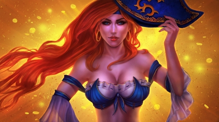 Miss Fortune - game, yellow, pirate, girl, frumusete, redhead, blue, fantasy, hat, miss fortune, orange, league of legends, luminos