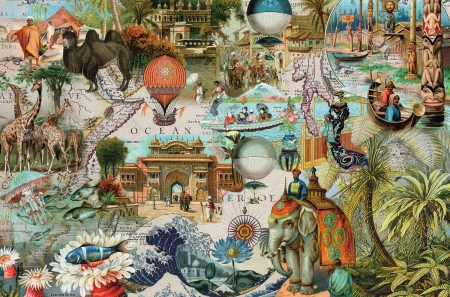 Wonderful world - camel, peste, balloon, flower, pictura, world, elephant, car, painting, fish, art