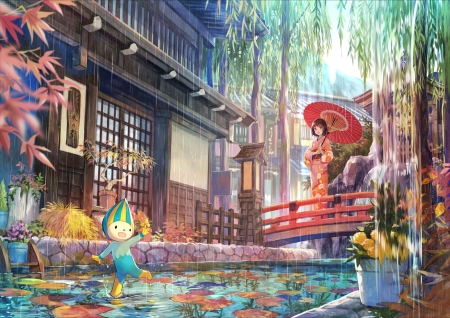 Clear Stream - rain, cute, happy, beautiful, bridge, anime girl, adorable, girl, umbrella, huse, bamboo, stream, japan, pretty, water, kawaii, beauty, sweet, anime, yukata, raining, fuji choko, home, nice, lovely, kimono, scene, female