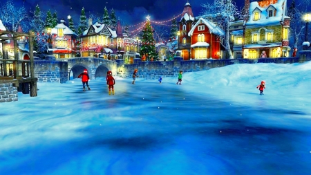 Evening skaters - ice, fun, peaceful, joy, winter, skate, kids, christmas, village, art, children, cold, evening, frost, snow, holiday