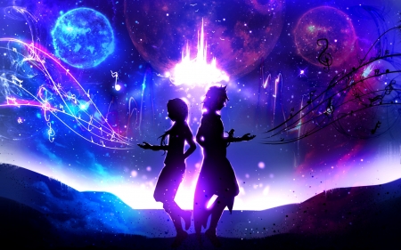 Two sides - anime, blue, planet, girl, guy, pink, man, manga, fantasy, ryky, couple, luminos