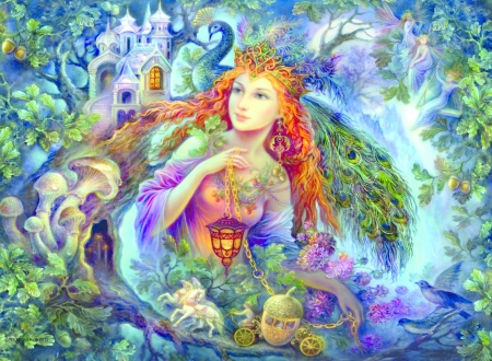 Fairy tale - tale, blue, girl, pictura, fantasy, redhead, green, painting, fairy, art, luminos