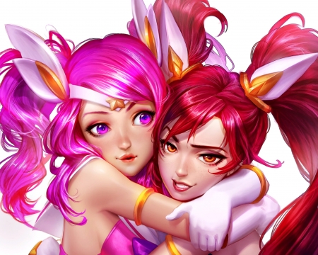 Star Guardians - star guardians, anime, girl, pink, stcygnus, frumusete, manga, fantasy, redhead, couple, hug, luminos