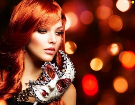 Beauty - woman, beauty, anna subbotina, bokeh, redhead, mask, girl, model, orange