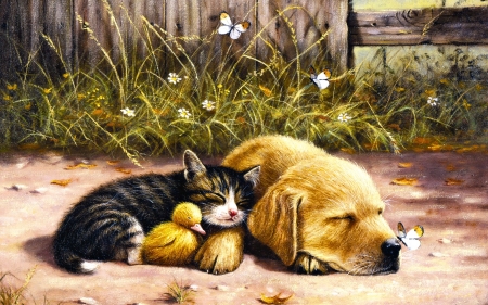 Nap time - kevin walsh, dog, cat, duckling, pictura, pisica, sleep, kitten, painting, cute, caine, puppy, art