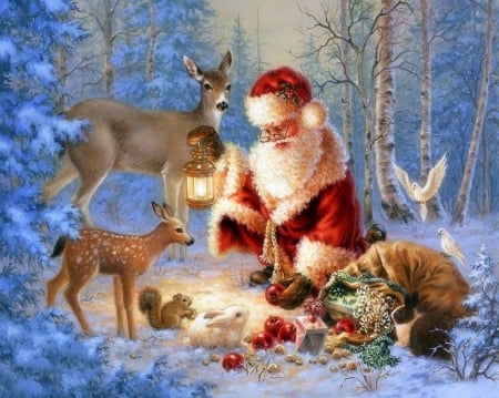 Santa with Gifts - attractions in dreams, xmas and new year, santa claus, animals, winter, deer, apples, christmas, christmas tree, love four seasons, holidays, snow, gifts