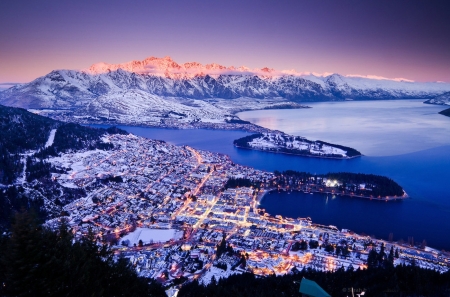 Queenstown, New Zealand - winter, sunset, evening, snow, sea