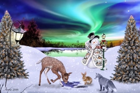 Fantasy Winter Scene - snowman, trees, animals, christmas trees, winter, outdoors, deer, fox, nature, rabbit, snow, aurua borealis, digital, northern lights, pond, lights