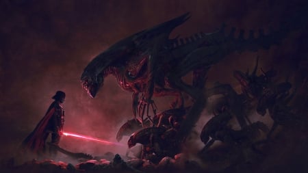 Darth Vader Vs. Alien - light, otherspace, aliens, fiction, sable, art, dark, red, darth vader, movies