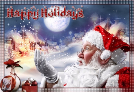 HAPPY HOLIDAYS - MOON, SNOW, SANTA, CHRISTMAS, RED, WINTER