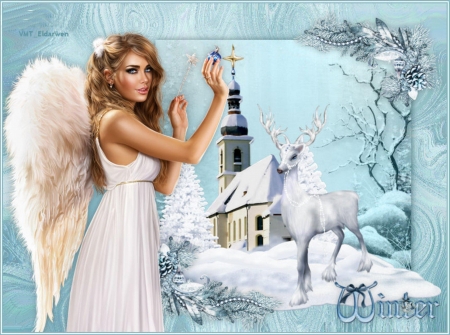 WINTER ANGEL - CHURCH, WINGS, CHRISTMAS, FEMALE, REINDEER, ANGEL, WINTER