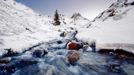 •ღ✿ღ• - snow, stream, winter, nature