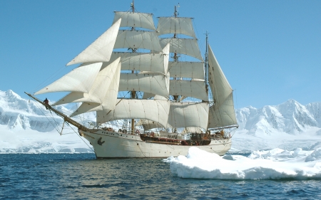 The sailing ship in the ice - sea, ice, sailboat, sky