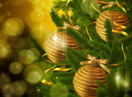 Yellow Christmas background - pretty, winter, yellow, decoration, beautiful, balls, sparkles, tree, christmas, holiday, new year, ornaments, background, golden