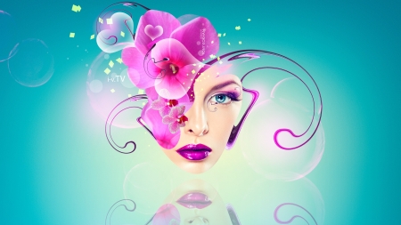 Pink - blue, tony kokhan, orchid, flower, creative, pink, lips, fantasy, face