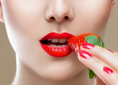 Strawberry red - face, red, strawberry, fruit, lips, woman